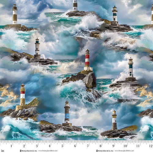 Coastal Guardians: Scenic Lighthouses & Crashing Waves Fabric