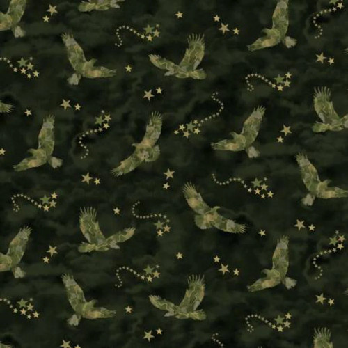 Camo Eagle Glitter Cotton Fabric – Patriotic Military Eagle & Stars Camouflage Quilt Fabric
