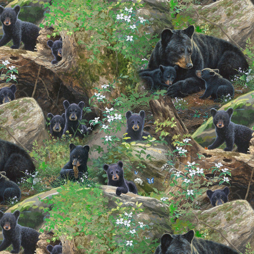 Green Tender Moments Scenic Black Bear Cotton Fabric – Realistic Forest Quilt Fabric