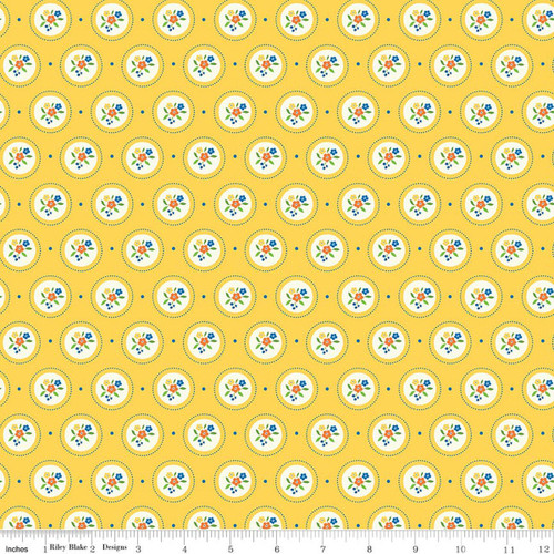 Summer’s in Town Yellow Floral Medallion Dot Print Riley Blake Cotton Fabric