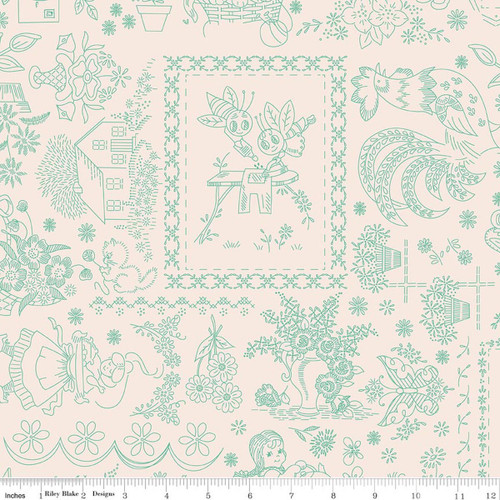 Berry & Sage Latte Vintage Embroidery Scenic Print Riley Blake Cotton Fabric