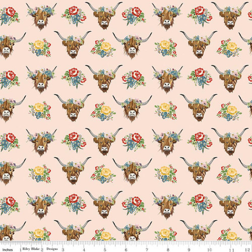Cowgirl Highland Cow & Floral Toss Blush Riley Blake Cotton Fabric