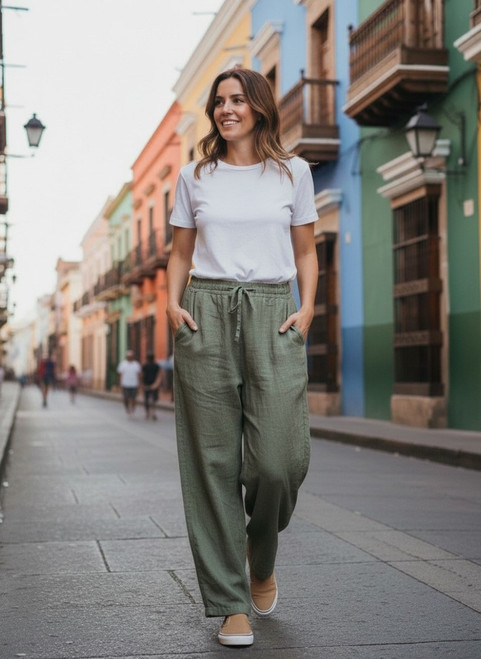 Wide Leg Drawstring Linen Look Pants with Pockets