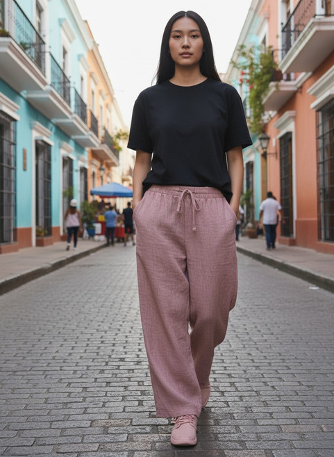 Wide Leg Drawstring Linen Look Pants with Pockets