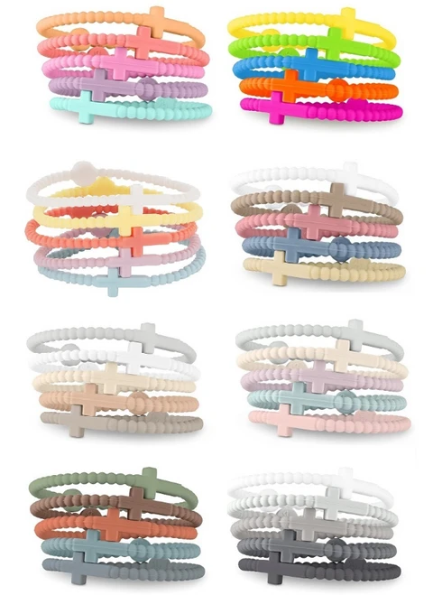 Beaded Cross Silicone Stretch Bracelet Set – 5 Piece Assorted Colors
