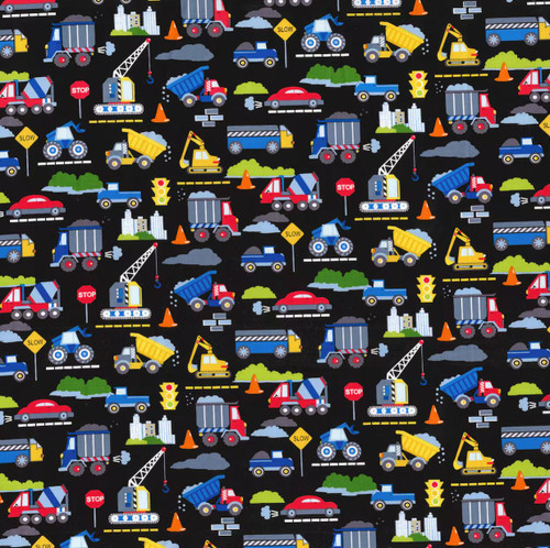 Black Tossed Construction Trucks Nursery Cotton Fabric