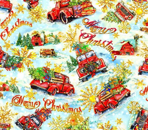 Noel Holiday Tossed Trucks Cotton Fabric