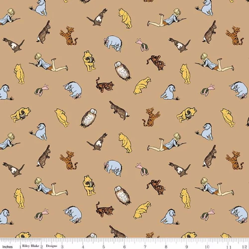 Winnie the Pooh Character Toss Brown Cotton Fabric