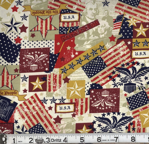 Patriotic Vintage Americana Collage Cotton Fabric