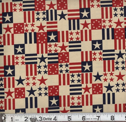 Patriotic Patchwork Stars & Stripes Antique Cotton Fabric