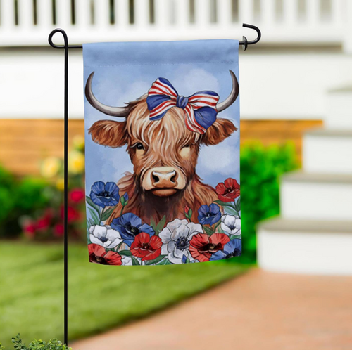 Patriotic Highland Cow Applique Garden Flag