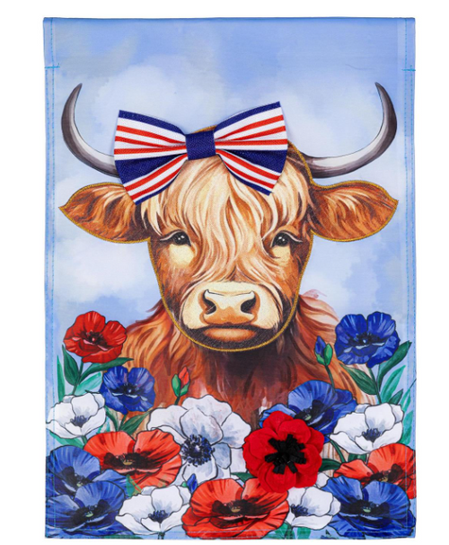 Patriotic Highland Cow Applique Garden Flag
