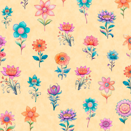 Spring Bling Peach Stemmed Flowers Cotton Fabric
