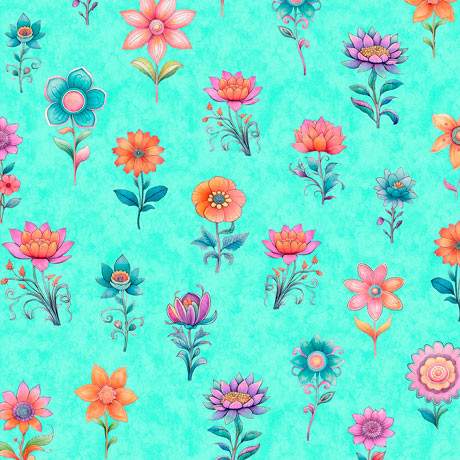 Spring Bling Aqua Stemmed Flowers Cotton Fabric