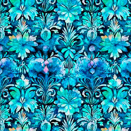 Fantasia Turquoise Decorative Floral Damask Cotton Fabric