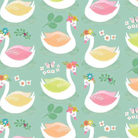 Sweet Summer Seafoam Floral Swans Cotton Fabric
