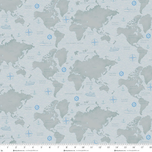 World Map Gray Nautical Cotton Fabric