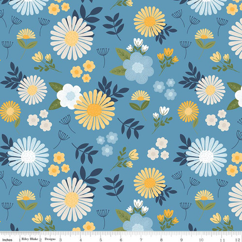 Sunshine & Dandelions Blue Floral Cotton Fabric