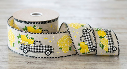 Black & White Checkered Lemon Truck Wired Ribbon 2.5"