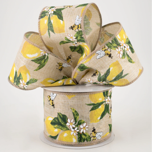LINEN LEMONS & BEES RIBBON 2.5"