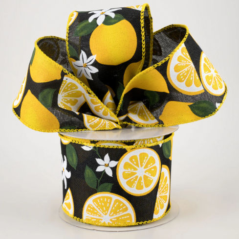 Linen Lemons & Flowers Ribbon: Black 2.5"