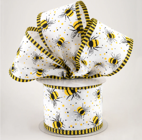 Bumble Bee Stripe Edge Wired Ribbon: White 2.5"