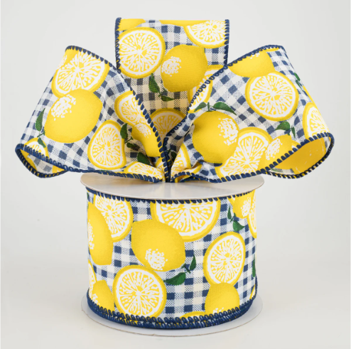 Gingham Lemons Wired Ribbon: Navy Blue 2.5"