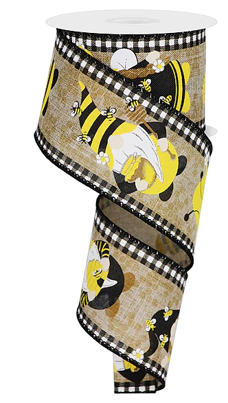 Gnome & Bees Plaid Edge Wired Ribbon: Natural 2.5"