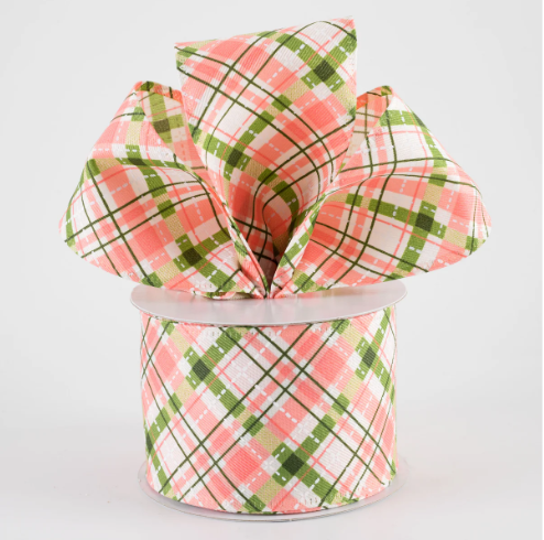 Cream Linen Argyle Plaid Ribbon: Coral, Moss  & White 2.5"