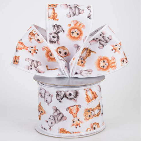 Digital Print Baby Animals Ribbon: White 2.5"