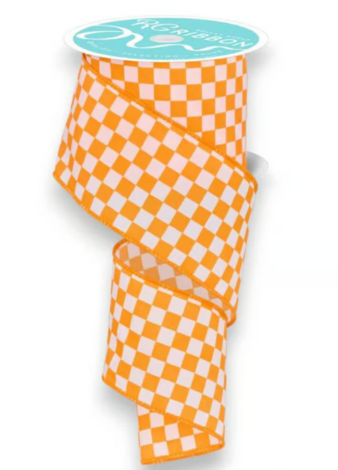 Orange & White Check Ribbon 2.5"