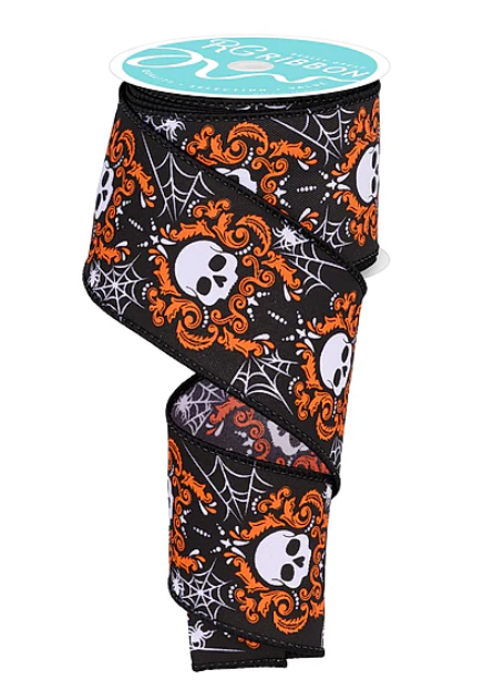 Damask Skull Wired Ribbon 2.5"