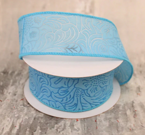 Lt Blue Floral Embossed Wired Ribbon 1.5"