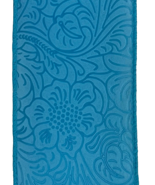 Turquoise Floral Embossed Wired Ribbon 2.5"
