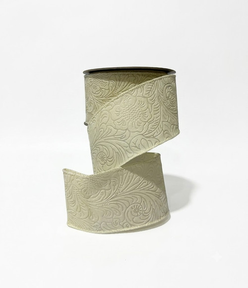 Ivory Floral Embossed Wired Ribbon 2.5"