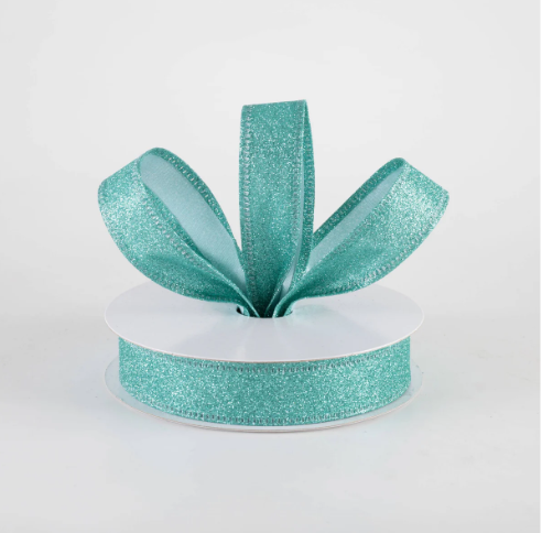 Aqua All Flat Glitter Wired Ribbon 7/8"