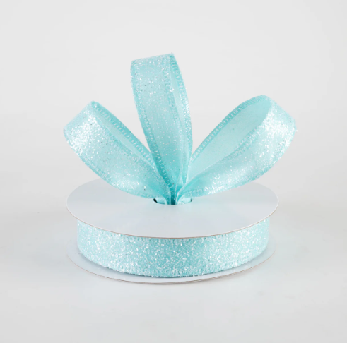 Aqua Blue Candy Glittered Satin Ribbon 7/8"