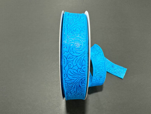 Turquoise Floral Embossed Wired Ribbon 1.5"