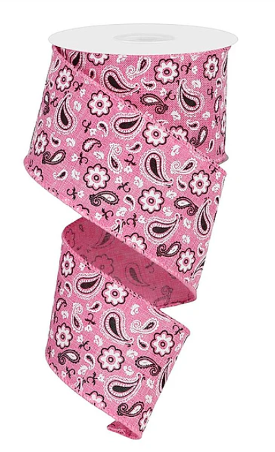Pink Bandana Paisley Print Wired Ribbon 2.5"