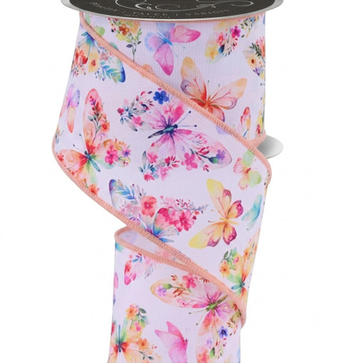 Watercolor Floral Butterflies Wired Ribbon 2.5"