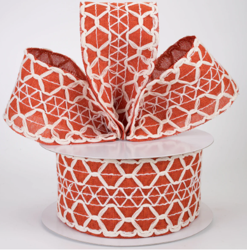 Rust  Linen Ribbon with Ivory Scalloped Lattice 2.5"