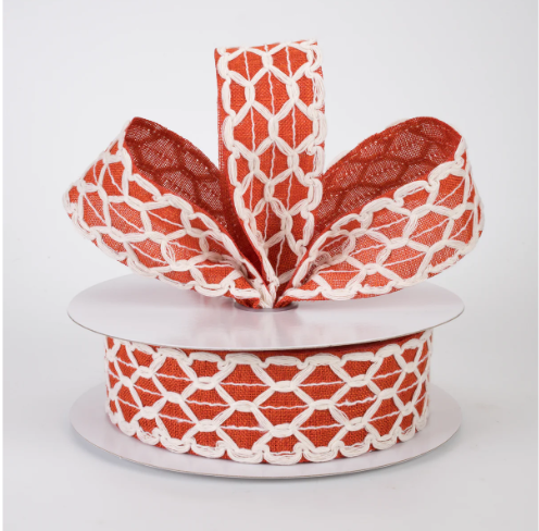 Rust Orange Linen Ribbon with Ivory Scalloped Lattice 1.5"