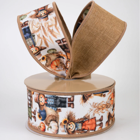 Double Sided Fused Fall Scarecrow Wired Ribbon 2.5"
