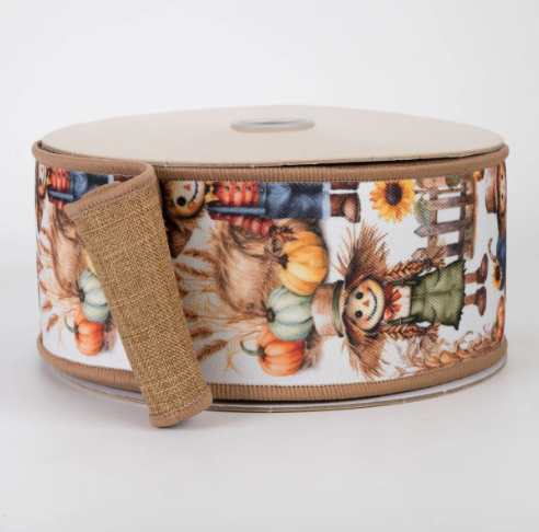 Double Sided Fused Fall Scarecrow Wired Ribbon 2.5"