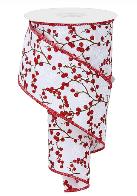 Snowy Red Berry Branches & Snowflake Ribbon 2.5"