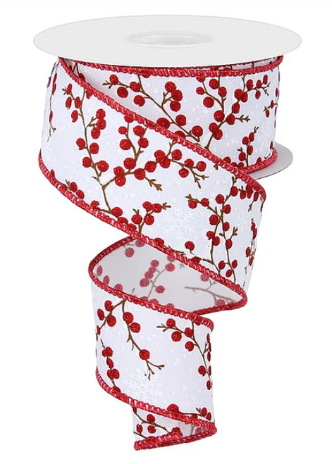 Snowy Red Berry Branches & Snowflake Ribbon 1.5"