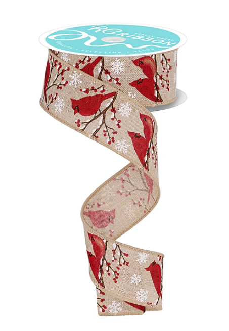 Red Cardinal, Snowflake & Berry Faux Burlap Ribbon 1.5"