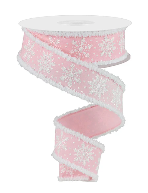 Pink Snowflake & White Snow Drift Border Ribbon 1.5"