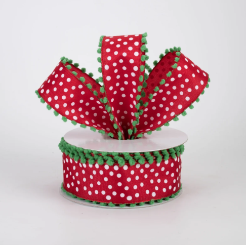 Red & White Polka Dot Ribbon/Lime Green Ball Trim 1.5"