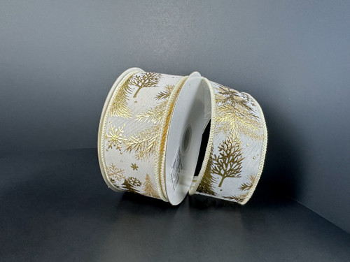 White & Gold Glitter Metallic Trees & Snowflakes Wired Ribbon 1.5"